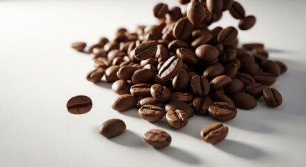 Naklejka premium Closeup macro of roasted brown coffee beans in a white bowl, cup, 