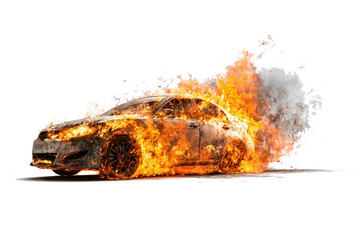 Car engulfed in flames and smoke on a white background