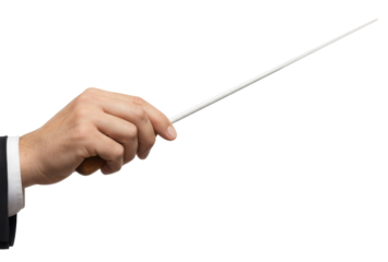 a hand in a suit holds a white and brown conductors baton
