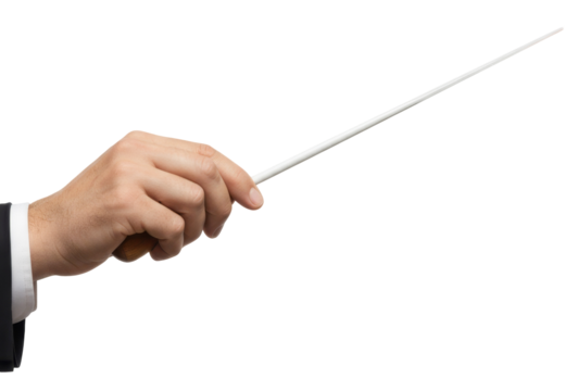 a hand in a suit holds a white and brown conductors baton