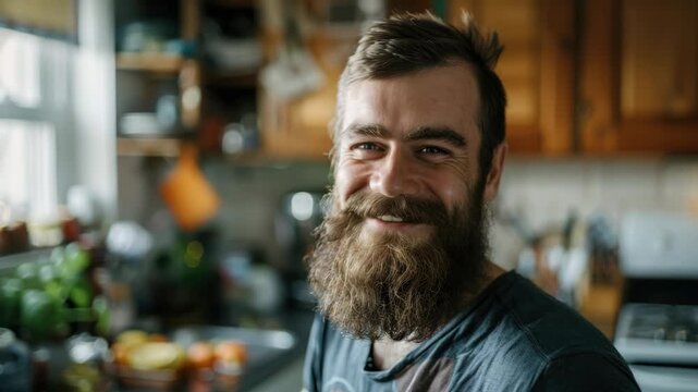 A bearded man smiling at the camera while standing in a kitchen.