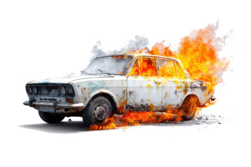 Old white car engulfed in flames and smoke against a white background