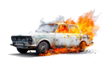 Old white car engulfed in flames and smoke against a white background