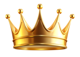 A gleaming regal golden crown with five prominent points and a polished reflective surface against a stark black background