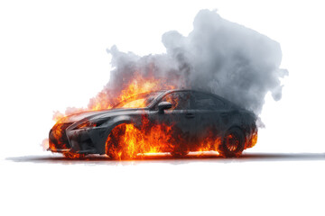 A sports car engulfed in flames and smoke on a white background