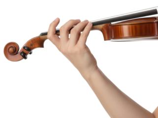 a hand is holding the scroll and neck of a wooden violin