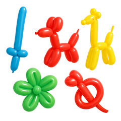 Colorful balloon animals and shapes arranged on a white background  
