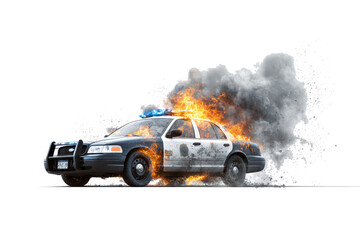 Burning police car engulfed in flames and smoke on white background