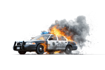 Burning police car engulfed in flames and smoke on white background