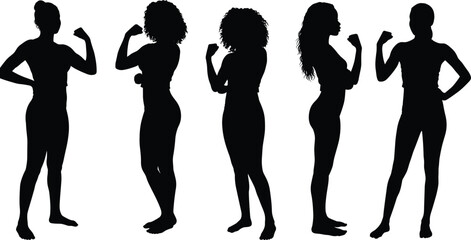 Silhouettes of people flexing arms, strength pose, empowerment, unity, fitness, health, lifestyle, body diversity, gesture, design, art