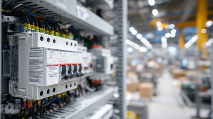 Macro perspective of circuit breakers in an electrical cabinet, close-up on labels, toggle switches, and wires, conveying technical precision and safety