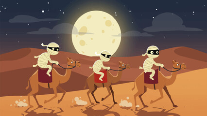 Naklejka premium Mummies Riding Camels Through Desert at Night – Atmospheric Halloween Cartoon Illustration with Full Moon, Starry Sky, and Ancient Adventure Vibes