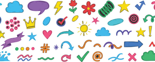 Fototapeta premium Hand Drawn Colorful Doodle Icons Seamless Pattern on White Background, Cute Design