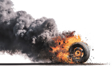 Car tire engulfed in flames and thick black smoke against a white background