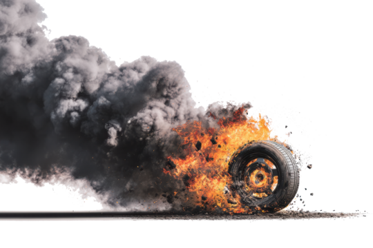 Car tire engulfed in flames and thick black smoke against a white background