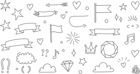 Hand Drawn Doodle Elements Line Art with Stars, Hearts, Arrows, Clouds & Crown on White