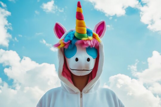 Unicorn costume with colorful horn and mane, standing against a bright blue sky with white clouds. Promoting individuality and fantasy