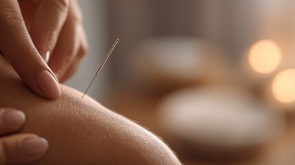 Acupuncture Needle Close-Up on Skin with Warm Lighting