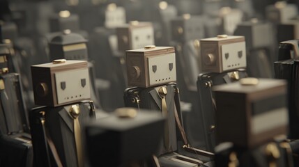 Wooden Robots in Suits Sitting in Corporate Rows