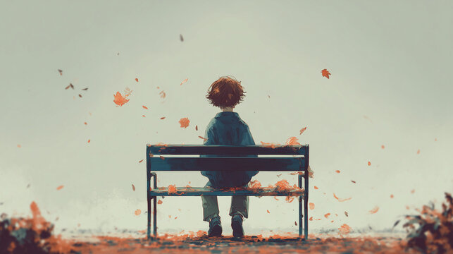 Melancholic autumn scene with a person sitting on a park bench surrounded by falling leaves — poetic illustration symbolizing solitude, reflection, and quiet beauty of changing seasons