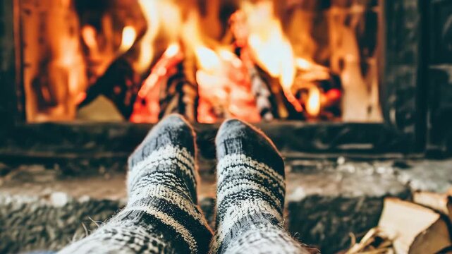 A pair of warm, snug socks dangle from a fireplace hearth.