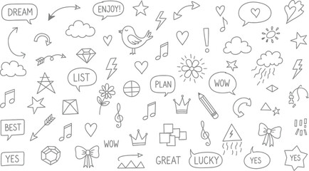 Hand Drawn Doodle Set with Bird, Hearts, Flowers, Crowns and Speech Bubbles on White