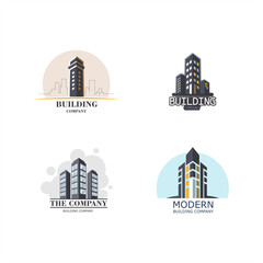 Vector logos for construction companies. A set of emblems featuring buildings from industrialized and economically developed cities