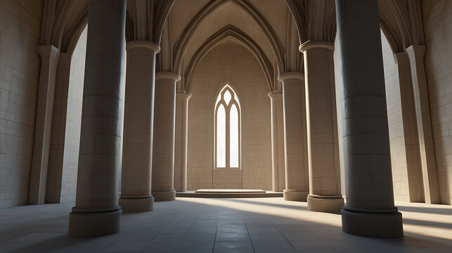 Grand interior with stone columns, arches, and a radiant window creates a serene, sunlit space. Architectural elegance shines through.