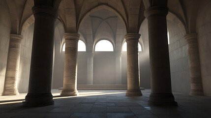 Fototapeta premium Sunlight streams through arched openings, illuminating stone columns in a majestic, historic hall. Ancient architecture meets ethereal light.