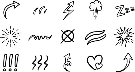 Fototapeta premium Hand Drawn Doodle Sketch Icons, Arrow, Zzz, Exclamation, Lightning on White Background