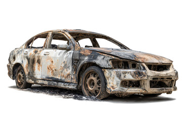 Burnt out car abandoned on the side of the road after a fire