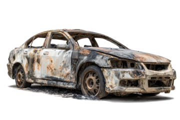 Burnt out car abandoned on the side of the road after a fire