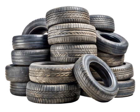 Stack of used car tires isolated on transparent background