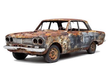Old rusty car with peeling paint and damaged body on white background