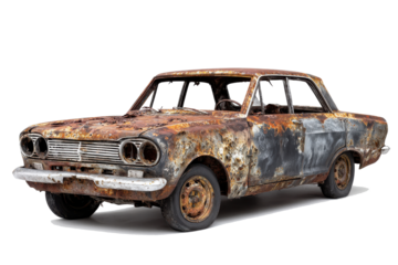 Old rusty car with peeling paint and damaged body on white background