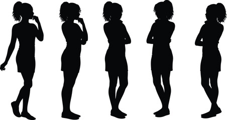 Silhouettes of woman with ponytail, standing poses, casual dress, body language, thoughtful posture, arms crossed, gesture, lifestyle, design, art