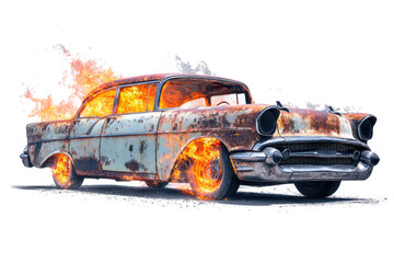 Vintage classic car engulfed in flames and smoke on a white background