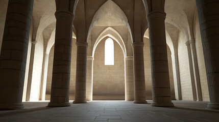 Fototapeta premium Interior view of a stone building with vaulted arches, pillars, and a window providing illumination and showcasing architectural symmetry and stone construction.