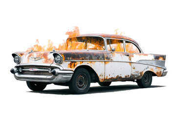 Vintage american classic car burning and rusted on white background