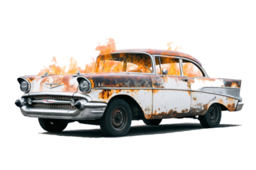 Vintage american classic car burning and rusted on white background