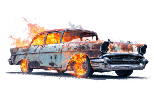 Vintage classic car engulfed in flames and smoke on a white background