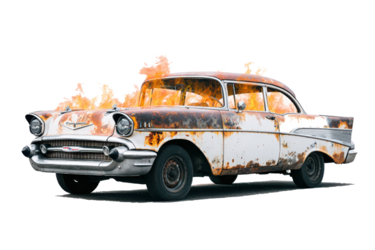 Vintage american classic car burning and rusted on white background