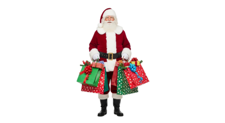 Red hat-wearing Santa Claus and a smiling Santa girl holding festive shopping bags full of Christmas gifts