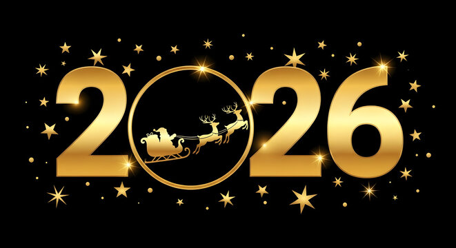 Luxurious 2026 new year celebration graphic in gold with Santa sleigh silhouette and sparkling stars on black background - Powered by Adobe