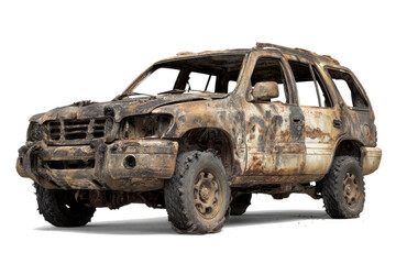 Damaged and burnt out suv vehicle with camouflage paint on white background