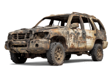 Damaged and burnt out suv vehicle with camouflage paint on white background