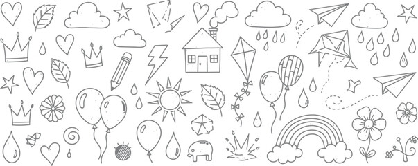 Hand Drawn Style Cloud, Crown, Hearts, House, Leaves, Kite, Rainbow on White
