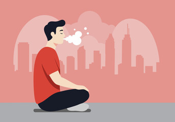 A young man meditates with a cityscape backdrop, exhaling a breath of air. Modern, minimalist illustration with soft colors and a calming atmosphere.