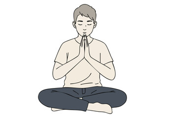 A young man meditates with hands folded in prayer, embodying mindful awareness. Simple, serene illustration with a focus on inner peace and calm. Suitable for wellness and self-care themes.