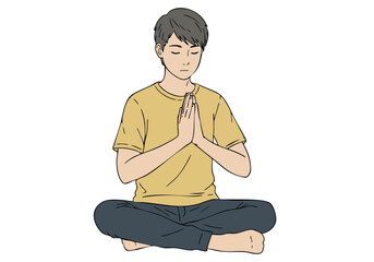 A young man meditates with hands together, conveying peace and mindfulness. Simple, serene illustration in a muted color palette. Suitable for wellness and relaxation themes.